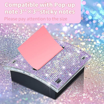 Rhinestone Self Sticky Note Holder Post it Note Dispenser Pop-Up Sticky Notes Dispenser 3 x 3 inch Post it Dispenser for Office Desk Accessories(Purple)