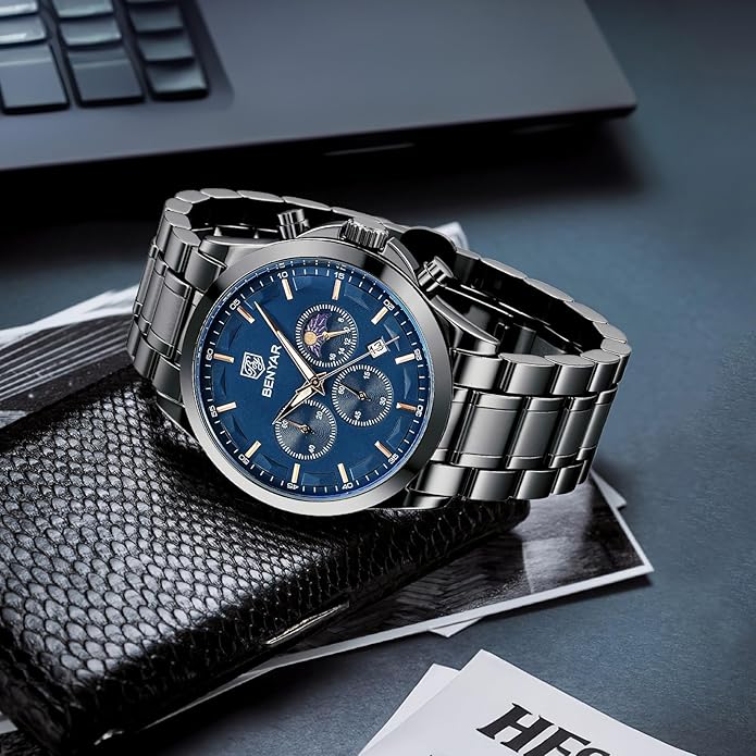 BY BENYAR Mens Watches Analog Quartz Chronograph Waterproof Wrist Watches for Men Fashion Business Work Casual Sport Designer Dress Watch with Calendar Elegant Gifts for Men