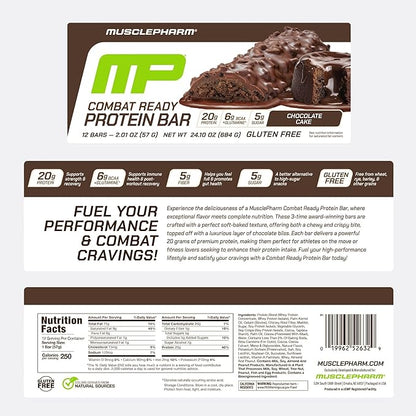 MusclePharm Combat Sport Bar, Chocolate Cake Flavor High Protein Bars, Combat Cravings, Fuel Performance & Meet Energy Demands, 20g Protein from Whey Protein, 5g Fiber, Gluten Free, 12 Bars