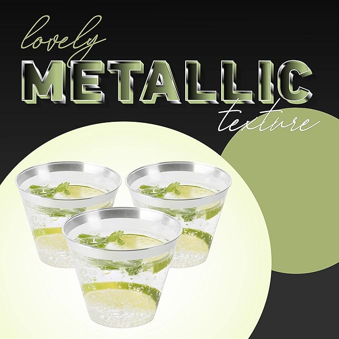 PLASTICPRO 9 oz Disposable Plastic Party Cups,Old fashioned Designed Tumblers, Crystal Clear (Clear With Silver Rim, 200)