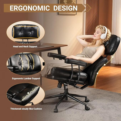 Ergonomic High Back Office Chair, PU Leather Home Office Desk Chairs with Wheels, Lumbar Support Swivel Computer Chair with Rocking Function, Black