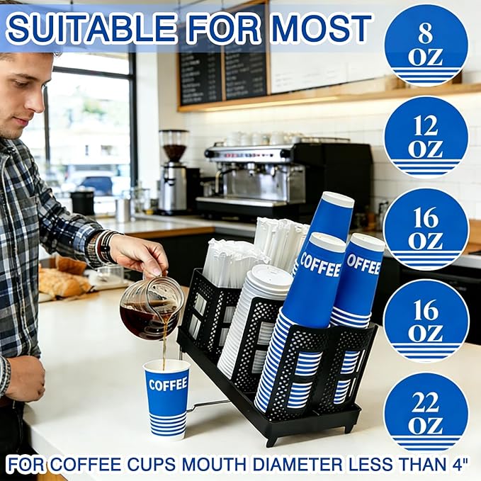 Unbreakable All-in-One Coffee Cup Holder Organizer Adjustable 6-Compartment Countertop Cup and Lid Dispenser with Straw and Coffee Pod Storage for Kitchen Office Breakroom Coffee Station Bar
