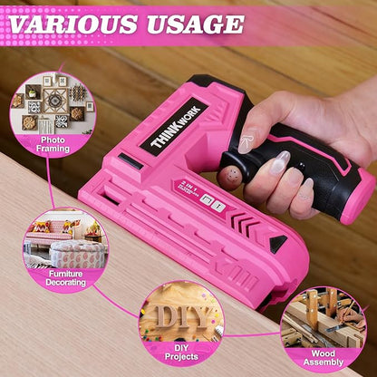 THINKWORK Pink Electric Staple Gun - 2 in 1 Nail Gun Battery Powered with 1000Pcs Staples and Nails, 4V Cordless Upholstery Staple Gun for Wood, Brad Nailer with USB Charger for Carpentry, Crafts, DIY