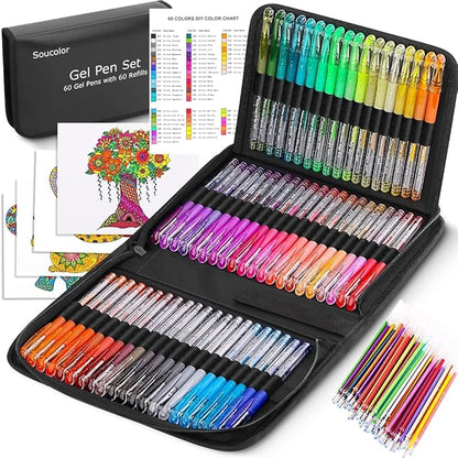 Soucolor Glitter Gel Pens for Adult Coloring Books, Christmas|Birthday Gifts, School Art Supplies,120 Pack-60 Glitter Pens, 60 Refills and Travel Case, 40% More Ink Markers Set for Drawing Journaling