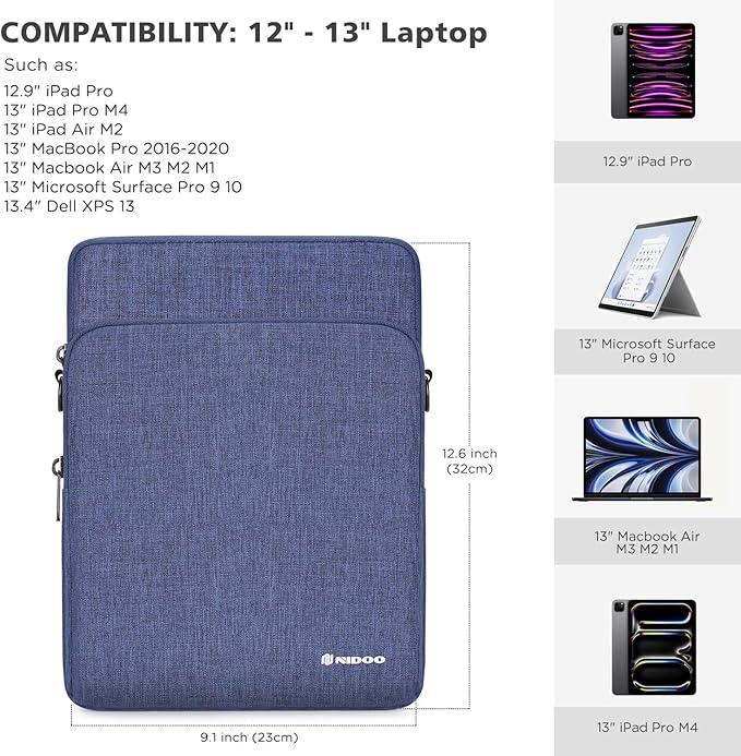 NIDOO 13 inch Laptop Sleeve Case Protective for 12.9" 13" iPad Pro Air /13" MacBook Pro Air M3 M2 / Microsoft Surface Pro 10 9 8/13.3" Galaxy Pro 360/13.4" Dell XPS 13/ HP EliteBook Computer