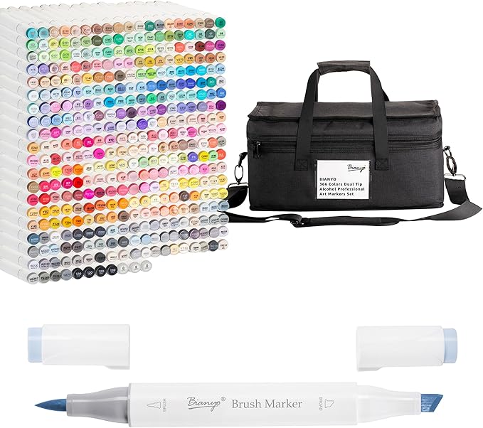 Bianyo 366 Colors Dual Tip Alcohol Markers Set, Professional Brush & Chisel Art Markers for Coloring, Sketching, Portraits, Comics, Fashion & Illustration, Includes Storage Bag with Shoulder Strap