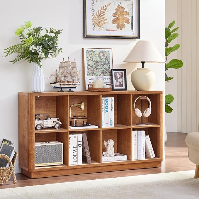 8 Cube Storage Book Shelf, 52" Long Horizontal Bookshelf with Curved Edge, Floor Standing Wooden Cubby Bookcase with Base, Modern Low Console Book Case, TV Stand for Living Room, Orange Oak