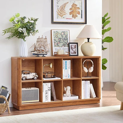 8 Cube Storage Book Shelf, 52" Long Horizontal Bookshelf with Curved Edge, Floor Standing Wooden Cubby Bookcase with Base, Modern Low Console Book Case, TV Stand for Living Room, Orange Oak