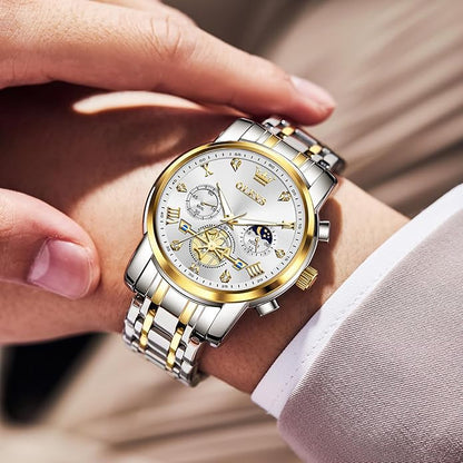 OLEVS Men Watches Stainless Steel Chronograph Watch, Large Wrist Analog Quartz Watch, Fashion Waterproof Diamond Roman Numerals Dress Watches for Men, Gold/Black/White/Blue/Grey Dial