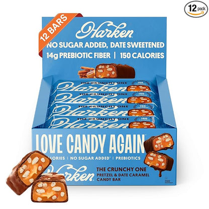 Harken Sweets The Crunchy One, Oat Milk Chocolate Candy Bars with Pretzels and Date Caramel, Sweetened with Dates and No Sugar Added, High Fiber, Nut-Free, Gluten-Free, Plant-Based, 12 Bars