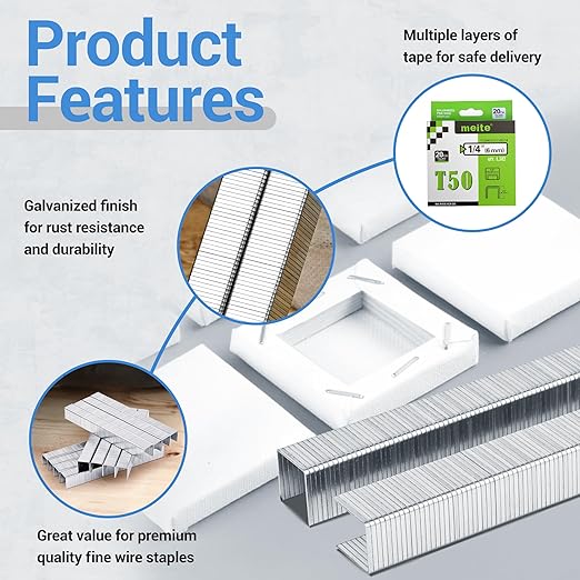 meite T50 Heavy Duty Staples, 1/4 Inch Galvanized T50 Staples for Staple Gun, 20 Gauge 3/8 Inch Crown Staple for Upholstery, Construction, Furniture (1 Case)
