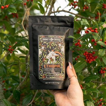 Bones Coffee Company NEW World Tour Sample Pack Box Set with Specialty Coffee Mug, 5 Assorted Single-Origin Low Acid Medium Roast Arabica Beans Flavored Coffee Gifts, 4 oz Pack of 5 Whole Bean