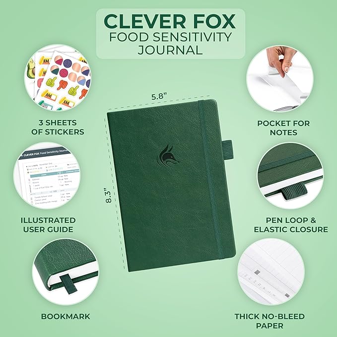 Clever Fox Food Sensitivity Journal – Daily Intolerance & Symptom Log for IBS, Diabetic, Low Fodmap, Elimination Diet – Health Tracker (Forest Green)