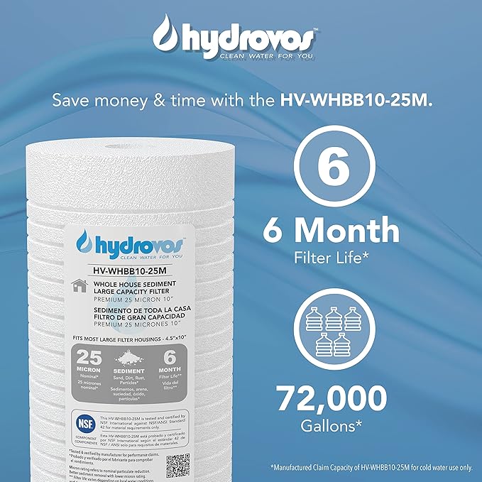 4.5“ x 10“ Large Capacity Whole House Water Filter, NSF Certified 25 Micron Sediment Filtration, Equivalent to RFC-BBSA, Aqua-Pure AP810, AP811, Big Blue DGD-5005, AO-WH-PREL, Filtrete 4WH-HDGR-F01