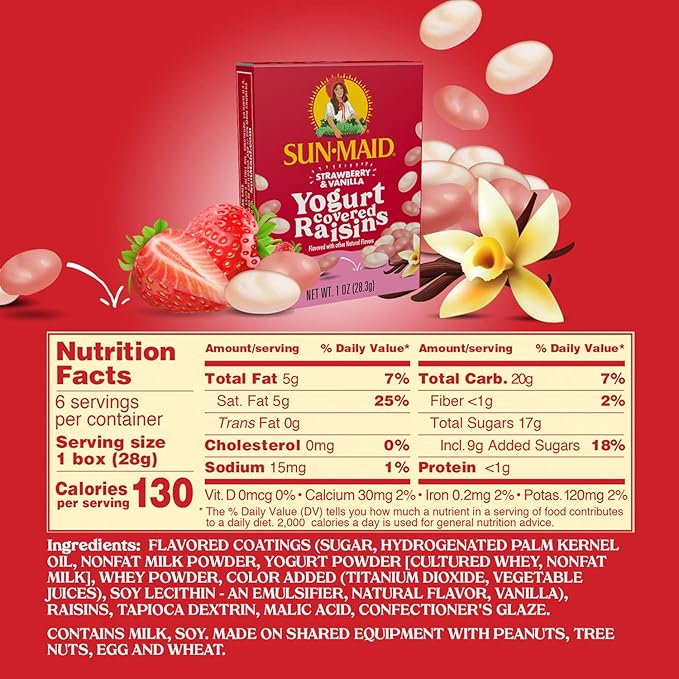 Sun-Maid Strawberry & Vanilla Yogurt Coated Raisins - (6 Pack) 1 oz Snack-Size Box - Yogurt Covered Dried Fruit for Lunches and Back to School Snacks