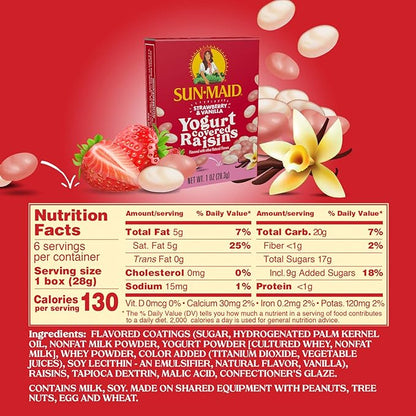 Sun-Maid Strawberry & Vanilla Yogurt Coated Raisins - (6 Pack) 1 oz Snack-Size Box - Yogurt Covered Dried Fruit for Lunches and Back to School Snacks