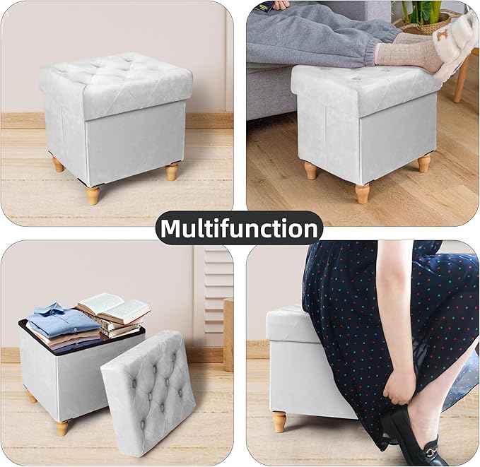 CAROLMADE Folding Storage Ottoman Cube Velvet Footstool with Wood Legs Ottoman Footrest for Living Room and Bedroom, Grey 15"x12.6"x15.4”