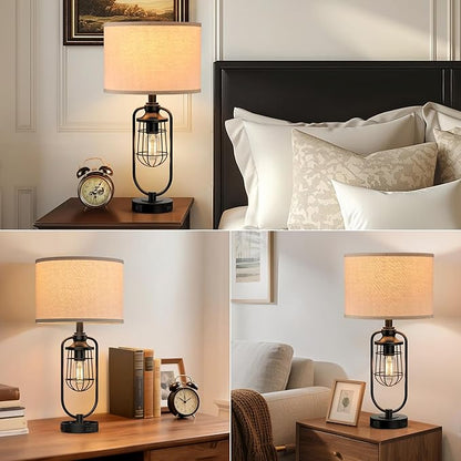 24" Farmhouse Table Lamps for Living Room Set of 2, Black Rustic Lamps for Night Stands with USB Ports, Industrial Bedside Lamp for Bedroom End Tables, Bulbs Included