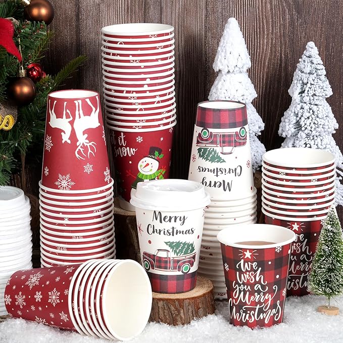 Hallswl 200 Pieces 12 oz Christmas Paper Cups with Lids, Disposable Coffee Cups for Cold Beverage Hot Drinking,Snowflake Snowman Truck Elk Plaid Pattern To Go Cup for Christmas Decorations