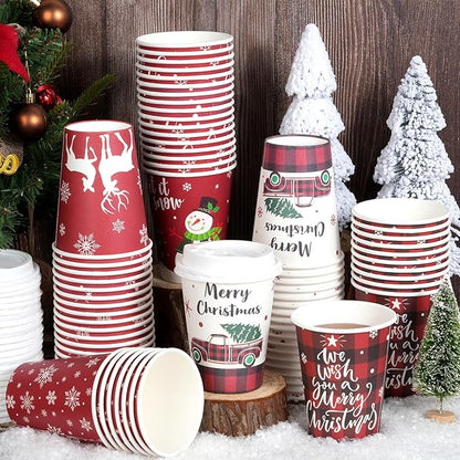 Hallswl 200 Pieces 12 oz Christmas Paper Cups with Lids, Disposable Coffee Cups for Cold Beverage Hot Drinking,Snowflake Snowman Truck Elk Plaid Pattern To Go Cup for Christmas Decorations