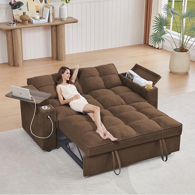 65'' Convertible Sleeper Sofa Bed with Adjustable Backrest, Chaise Lounge, Side Table & USB/Type-C Ports – Stylish & Functional Addition to Any Living Room (Light Grey-1)