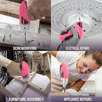 Hi-Spec Electric Screwdriver 19pc 3.6V Pink USB Small Power Screwdriver Set. Cordless & Rechargeable wtih Compact Hand Tool Box Set