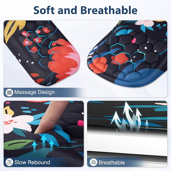 EYROZILL 3 in 1 Ergonomic Mouse Pad and Keyboard Wrist Rest, Cute Mouse Pad with Wrist Support Massage Design, Non-Slip Wrist Pad for Mouse, Desk Mouse Set(Flower)