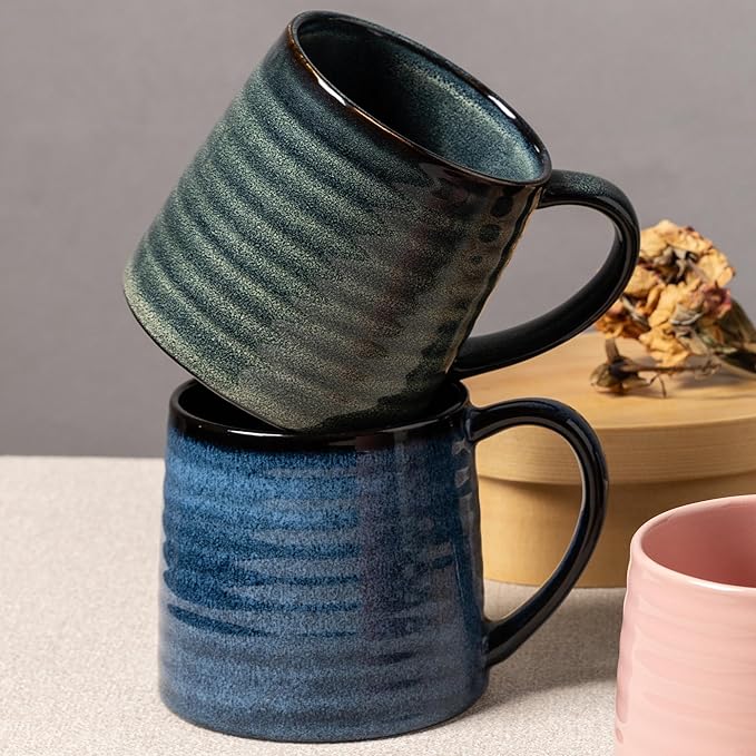 Ceramic Coffee mugs, 21 oz, Extra Large Mugs, Big Tea Cups, Large Handle, Pottery Mugs, Big Belly, Transmutation Glaze，Wide Bottom, stripe pattern, Microwave and Dishwasher Safe. (Blue)