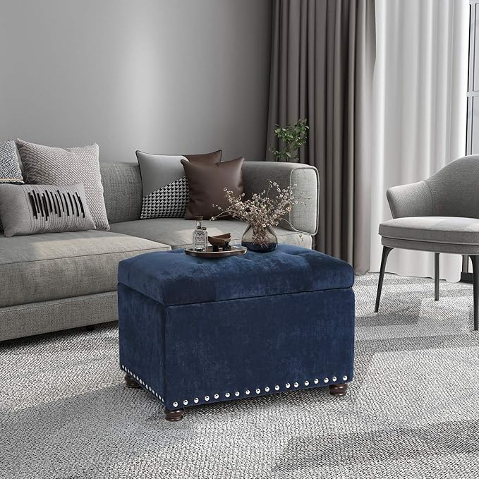 Adeco High End Classy Tufted Accents Rectangular Storage Bench Ottoman Footstool, Blue 24" * 17.5" * 17.7"