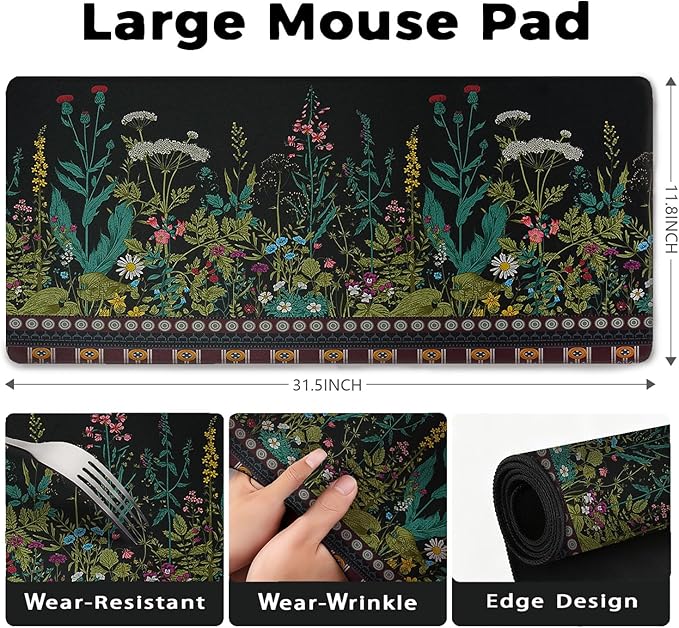 Flowers & Plants Patterns Desk Mat, Large Gaming Mouse Pad Non-Slip Rubber Base with Stitched Edges, Waterproof Protection for PC Laptop Home Office Desk Decor (31.5x11.8in)