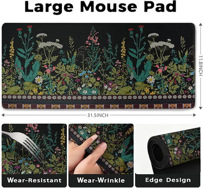 Flowers & Plants Patterns Desk Mat, Large Gaming Mouse Pad Non-Slip Rubber Base with Stitched Edges, Waterproof Protection for PC Laptop Home Office Desk Decor (31.5x11.8in)