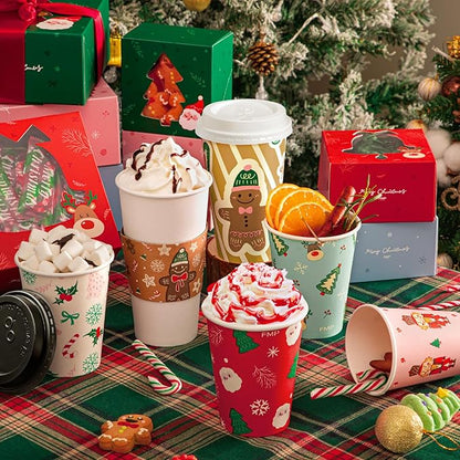 Fit Meal Prep 50 Pack 12 oz Christmas Disposable Coffee Cups with Lids, Sleeves, Leak-Proof To Go Coffee Cups with Lids, Durable Holiday Paper Cups for Hot Beverage, Home, Office, Party