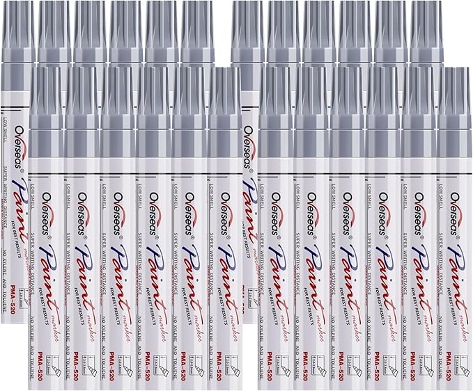 Overseas Silver Paint Pens Permanent Markers 24 Pcs, Oil Based Paint Markers Set, Quick Drying, Waterproof, Medium Tip Marker Pens for Metal, Rock, Wood, Plastic, Canvas, Glass, Stone, Rubber, Paper