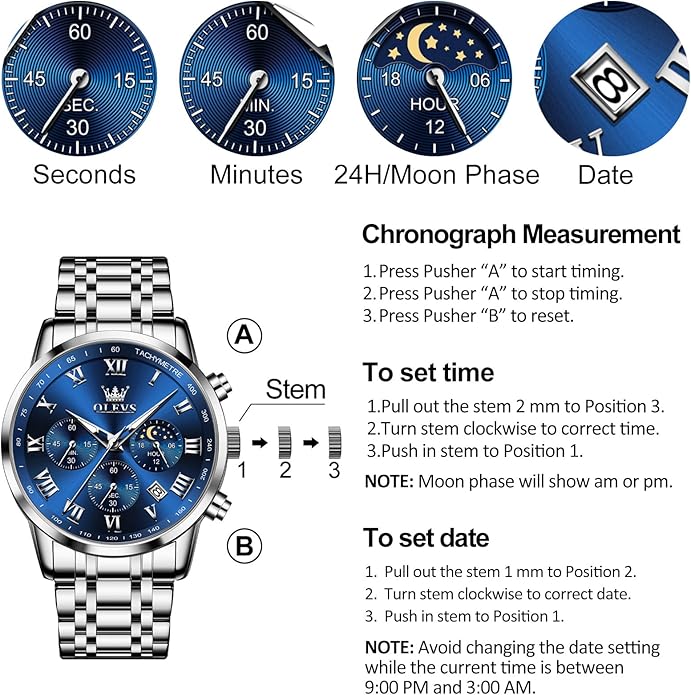 OLEVS Mens Stainless Steel Chronograph Watch, Big Face Roman Numerals Date Analog Quartz Dress Watches for Men, Fashion Multifunctional Waterproof Luminous Hands Men's Wristwatch