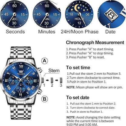 OLEVS Mens Stainless Steel Chronograph Watch, Big Face Roman Numerals Date Analog Quartz Dress Watches for Men, Fashion Multifunctional Waterproof Luminous Hands Men's Wristwatch