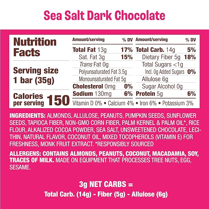 Munk Pack Sea Salt Dark Chocolate Nut & Seed Snack Bars Stocking Stuffers | 5g Protein, 1g Sugar, 3g Net Carbs | Plant-Based, Low Sugar, Non-GMO, Gluten-Free Snacks | 12 Count (4.92 oz)