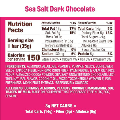 Munk Pack Sea Salt Dark Chocolate Nut & Seed Snack Bars Stocking Stuffers | 5g Protein, 1g Sugar, 3g Net Carbs | Plant-Based, Low Sugar, Non-GMO, Gluten-Free Snacks | 12 Count (4.92 oz)