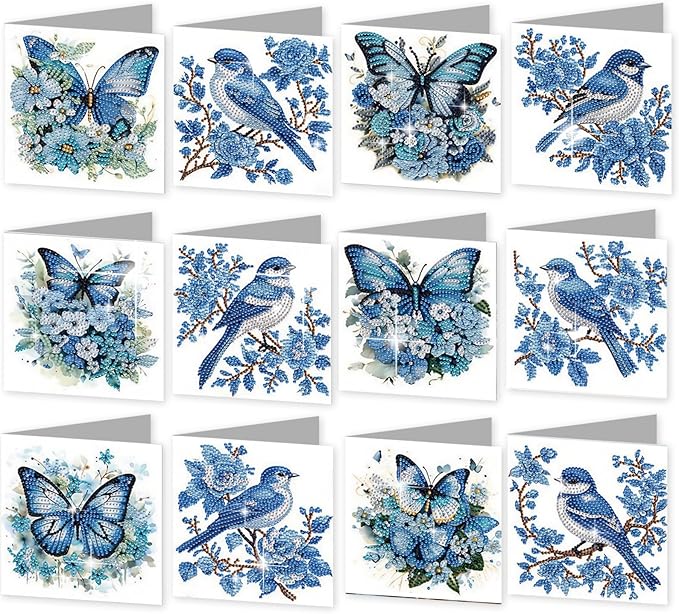jinglinhh 12pcs Diamond Art Painting Butterfly Bluebird Greeting Cards with Envelopes, DIY Card Making Kits for Adults, Diamond Art Postcards Christmas Cards Craft Gifts