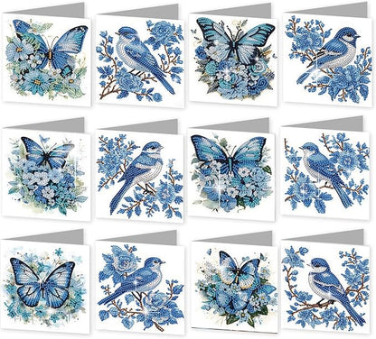 jinglinhh 12pcs Diamond Art Painting Butterfly Bluebird Greeting Cards with Envelopes, DIY Card Making Kits for Adults, Diamond Art Postcards Christmas Cards Craft Gifts