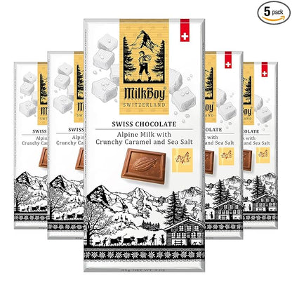 Milkboy Swiss Chocolates Milk Chocolates - Alpine Milk Chocolate Bars with Crunchy Caramel Sea Salt - Gluten-Free Non-GMO All Natural - Made in Switzerland - 3 oz, Pack 5