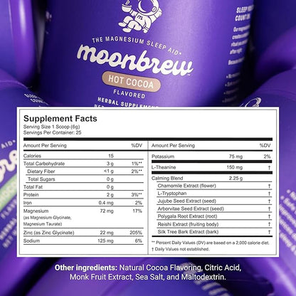 MoonBrew Nighttime Magnesium Hot Cocoa Jar, Natural Sleep Aid Drink Mix for Adults - Calming Melatonin-Free Sleep Support - Sleepy Hot Chocolate Powder with L-Theanine, Chamomile & Zinc Glycinate
