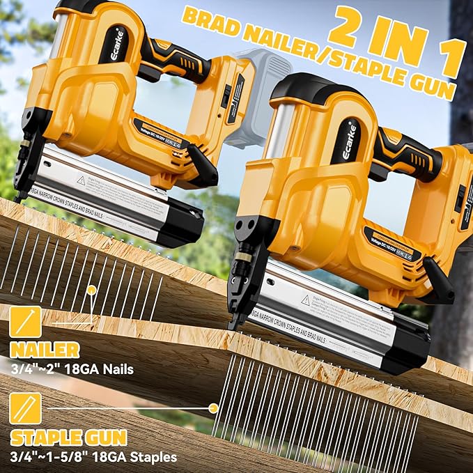 Cordless 2" Brad Nailer Compatible with DeWalt 20V Battery(No Battery), Ecarke 2 in 1 Electric Nail Gun Staple Gun with 18GA Nails/Staples, Battery Power Nail Gun for Trim Wood Crafting Home Carpentry