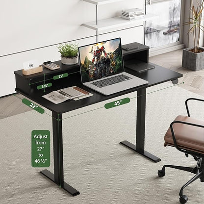 2-Tier Height Adjustable 45" Electric Standing Desk - Upgraded Ultra Durable Home Office Large Rectangular Computer Table or Laptop Sit Stand Workstation - Black