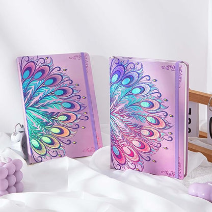 TIEFOSSI A5 Journal Notebook-College Lined Ruled Hardcover Journals for Writing Women-100gsm Thick Paper 224 Numbered Pages-Peacock Feather Embossed Journal-Daily Journal for Writing