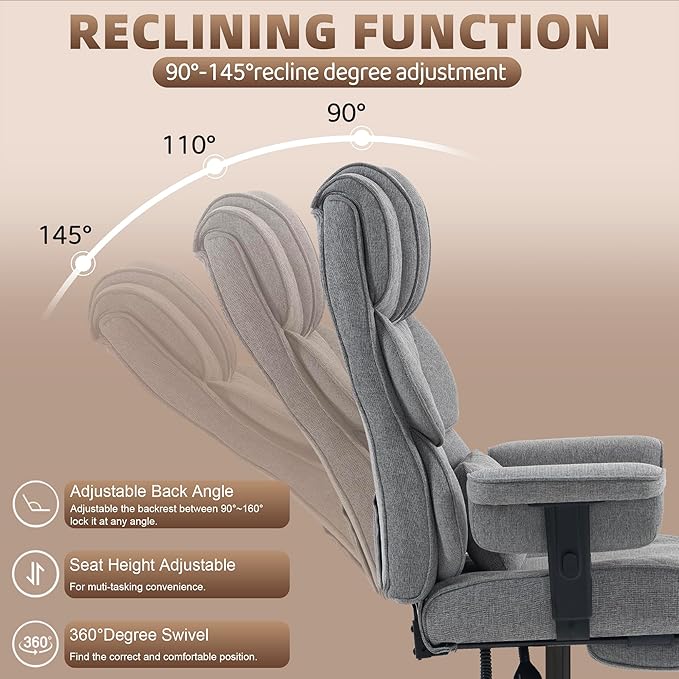 Vonesse Big and Tall Office Chair, Computer Chair with Soft Adjustable Armrests, Ergonomic Gaming Chair with Breathable Linen Design, Executive Chairs with Footrest (Linen Fabric,Light Gray)