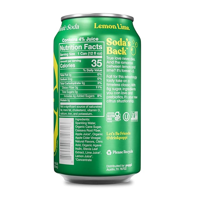 Poppi Sparkling Prebiotic Soda Beverage with Apple Cider Vinegar, Seltzer Water and Fruit Juice, Lemon Lime Flavor, 12 Fl Oz, Pack of 12, Packaging May Vary