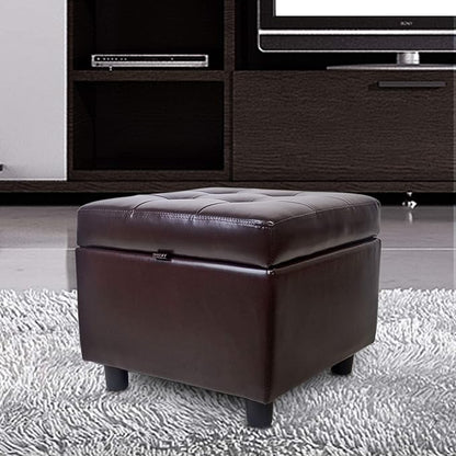 H&B Luxuries Tufted Leather Square Flip Top Storage Ottoman Cube Foot Rest (Brown with Storage)