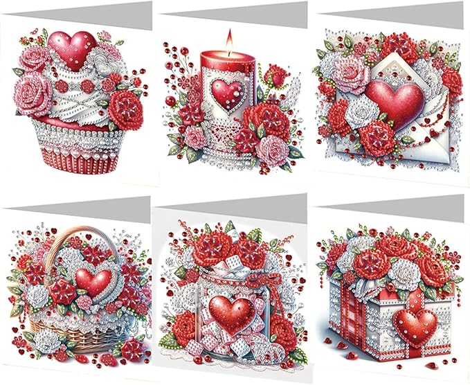 6pcs DIY Love Rose Gifts Diamond Art Painting Greeting Cards Kit with Envelopes, Rhinestone Craft Holiday Valentine's Day Birthday Card Gift Making Supplies for Girlfriend