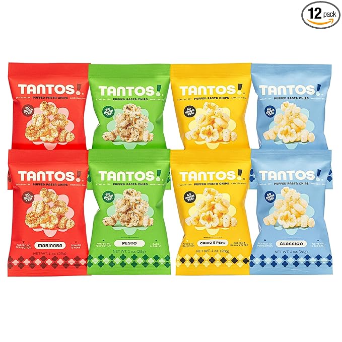 Tantos! Puffed Pasta Chips, Healthy Pasta Snack by Top Chef Joe Sasto, As Seen on Shark Tank, Plant Based, Low Calorie, Crunchy Chips, Variety Pack, Marinara, Pesto, Cacio e Pepe, Classico, Gourmet Bold Flavors, 4oz 12 Pack 3 of Each Flavor, Variety