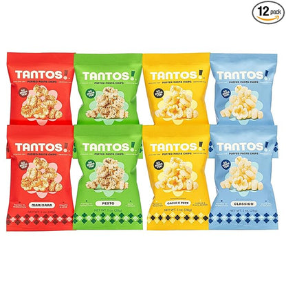 Tantos! Puffed Pasta Chips, Healthy Pasta Snack by Top Chef Joe Sasto, As Seen on Shark Tank, Plant Based, Low Calorie, Crunchy Chips, Variety Pack, Marinara, Pesto, Cacio e Pepe, Classico, Gourmet Bold Flavors, 4oz 12 Pack 3 of Each Flavor, Variety